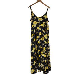 Floral Maxi Dress Womens Black‎ Yellow Sleeveless Spaghetti Strap Flowing Boho